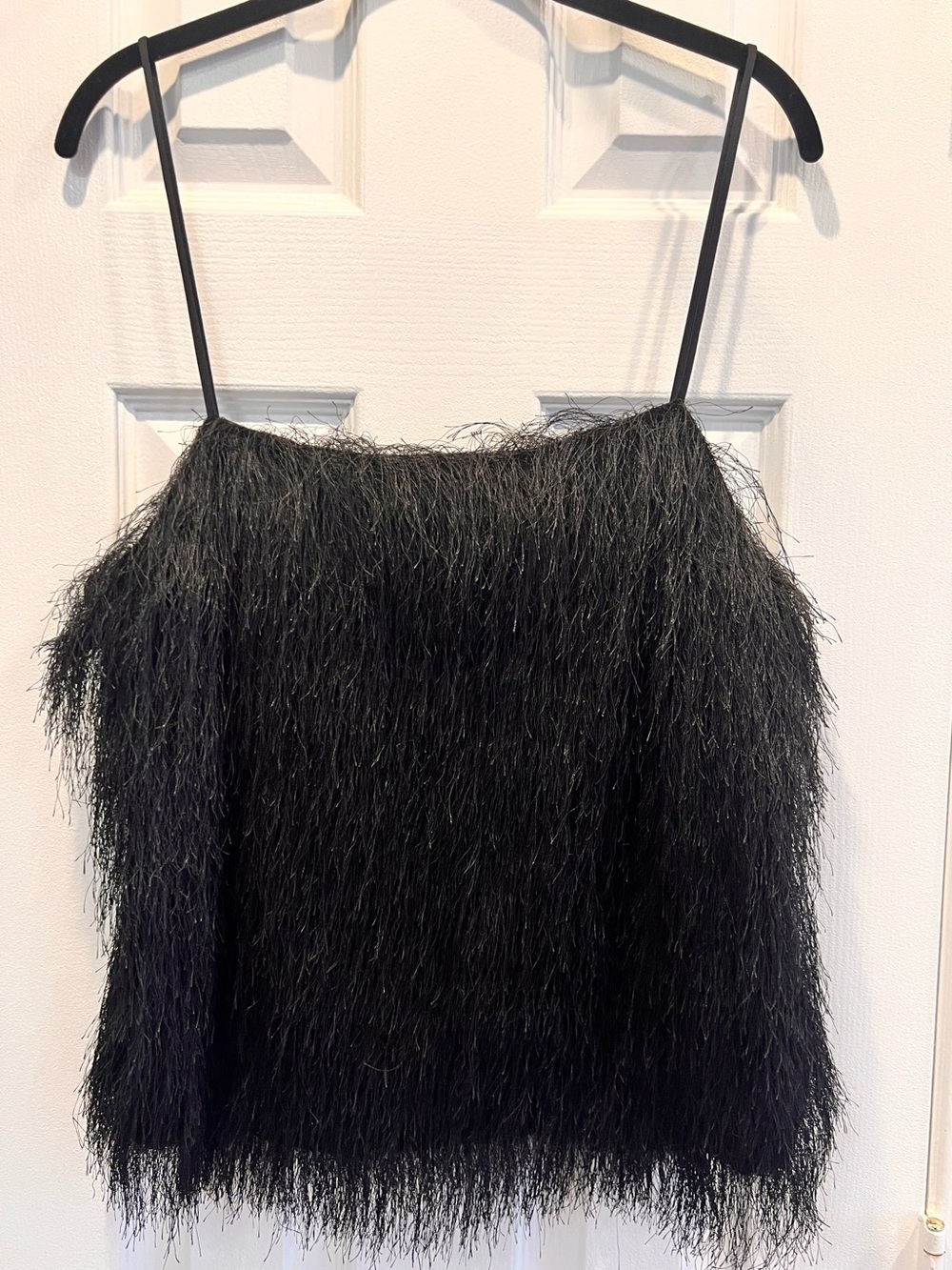 H&M Black Fringed Strappy Cami Top Fluffy Shaggy Tank Size Medium